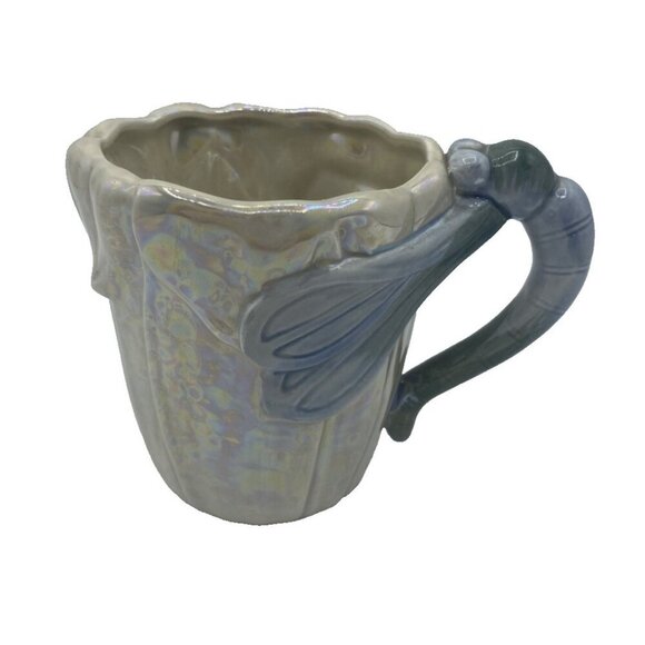 Vintage 70s Fitz & Floyd Dragonfly Cup Pearl Iridescent Ceramic Floral Mug Retro - Picture 1 of 12